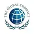Logo Global Company z niebieską kulą ziemską i zielonym wieńcem oliwnym.